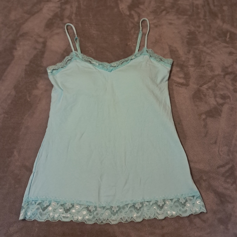 Y2K Lace Trim Spaguetti Strap Build In Padded BraTank Top Aqua Spa Blue XL 15-17